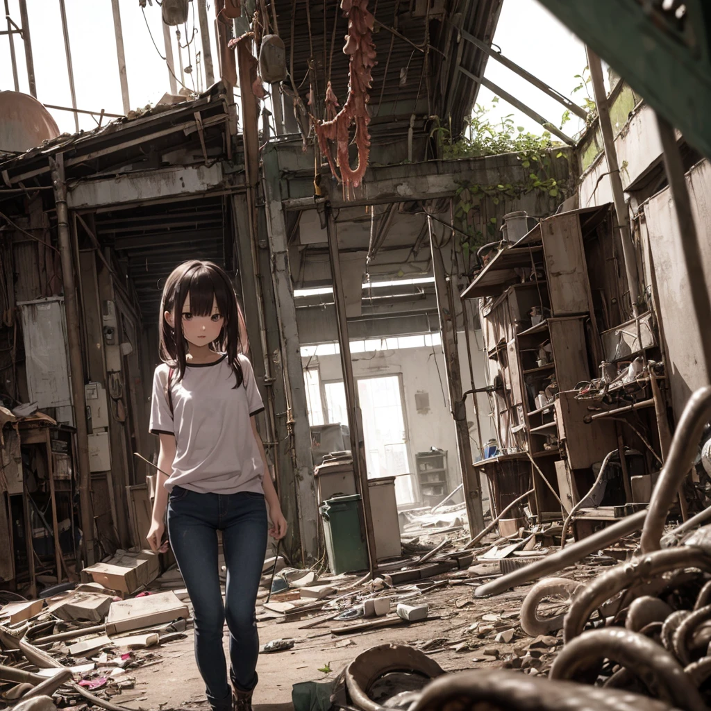 ８Year、Girl captured by tentacles in abandoned factory、Tentacles in a skirt、Pants fabric texture、Cry