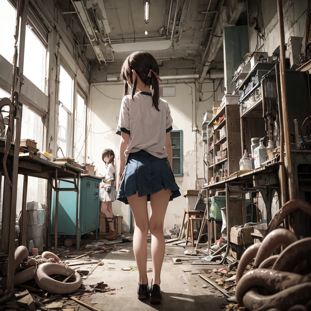 ８Year、Girl captured by tentacles in abandoned factory、Tentacles in a skirt、Pants fabric texture、Cry