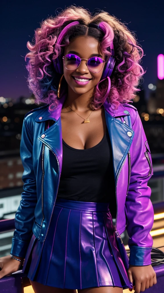 A DJ with curly hair in shades of dark blue and pink, wearing a blue leather jacket and a purple tulle skirt, dancing on a rooftop lit by purple and pink neon lights. She has golden headphones in her ears and looks at the camera with a beaming smile, while the urban scenery glows in the background.