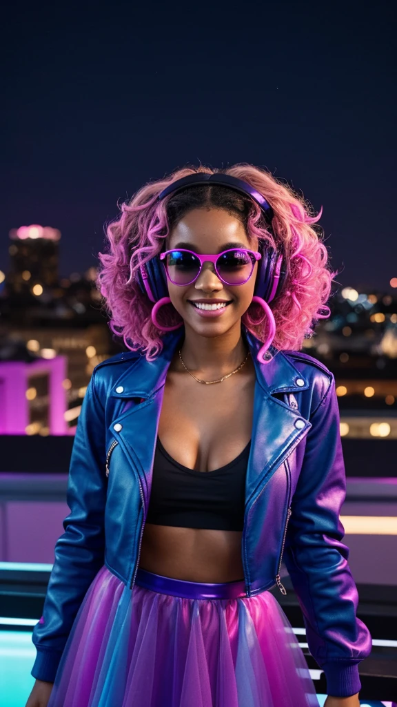 A DJ with curly hair in shades of dark blue and pink, wearing a blue leather jacket and a purple tulle skirt, dancing on a rooftop lit by purple and pink neon lights. She has golden headphones in her ears and looks at the camera with a beaming smile, while the urban scenery glows in the background.