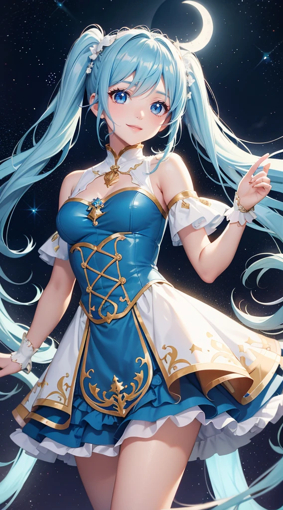 Super Idol　Beautiful girl　Charming smile　Sky blue hair　Hair length　Twin tails　Sexy outfits that show off light and white skin　Mysterious　Fantasy　constellation　moon　Crystal Sparkle　Aurora in the night sky