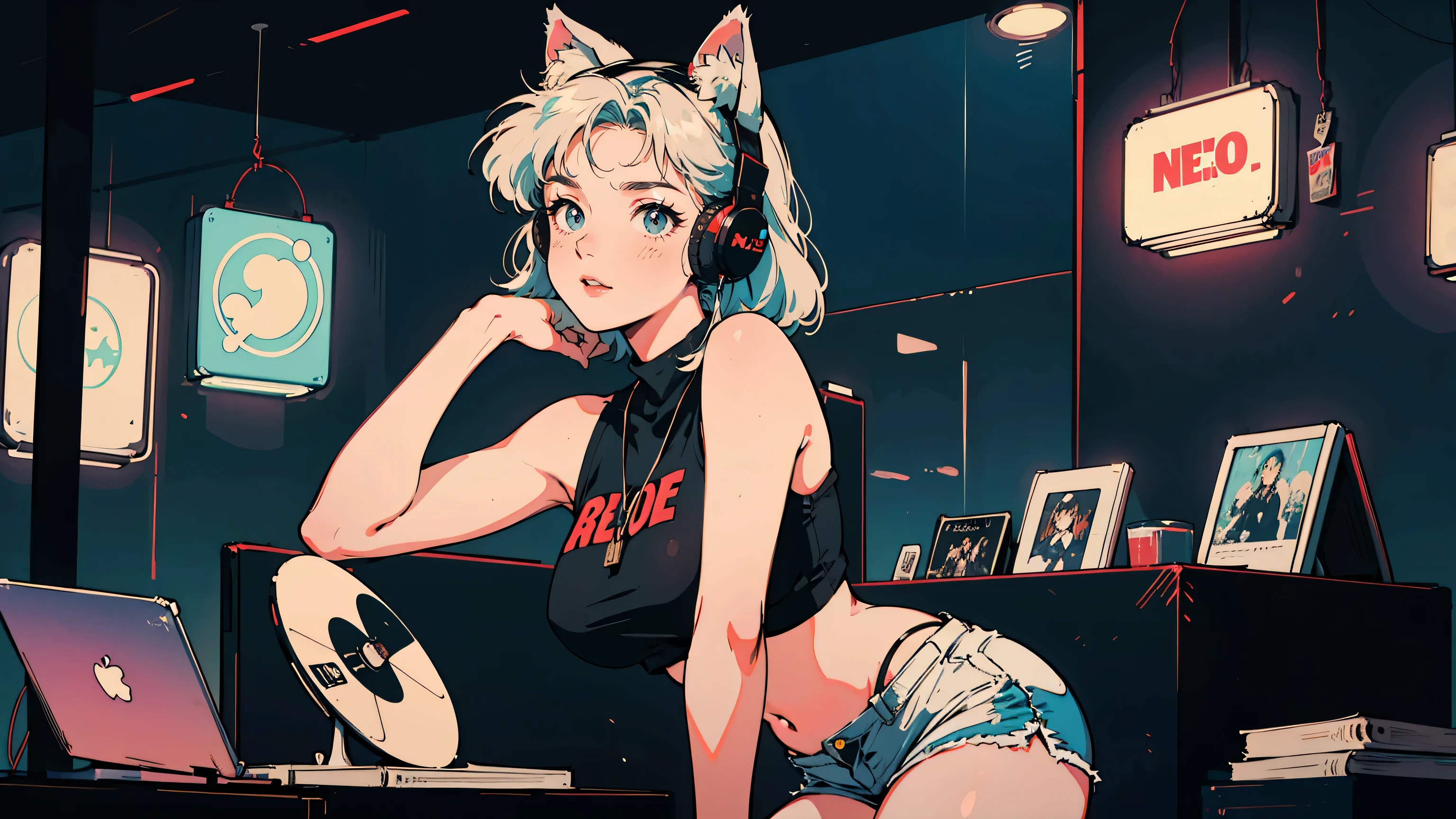 Summer night in neo-Tokyo: a fusion record store. An alluring 18-year-old girl with long, vibrantly-colored hair stands inside, her curvaceous figure accentuated by a revealing crop top and short shorts. Cute cat ears adorn her head, adding a playful contrast to her seductive gaze. Oversized headphones hang around her neck. Vinyl records and holograms surround her under neon lights. Outside, a futuristic cityscape glows. She embodies a tantalizing blend of retro charm and futuristic allure