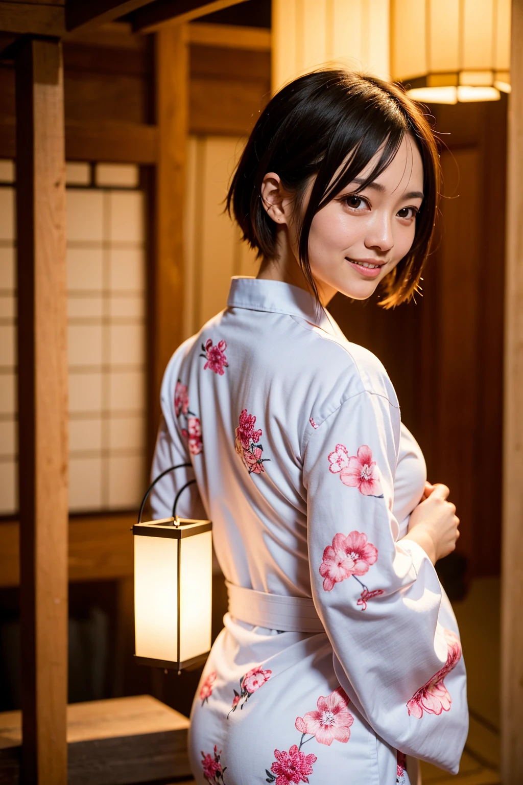 Top quality, A beautiful young woman with very short hair, wearing an elegant yukata adorned with delicate floral patterns. She stands gracefully under a lantern-lit path at a traditional Japanese festival. The soft glow of the lanterns highlights her serene smile and the intricate details of her yukata, creating a captivating and enchanting atmosphere, back pose