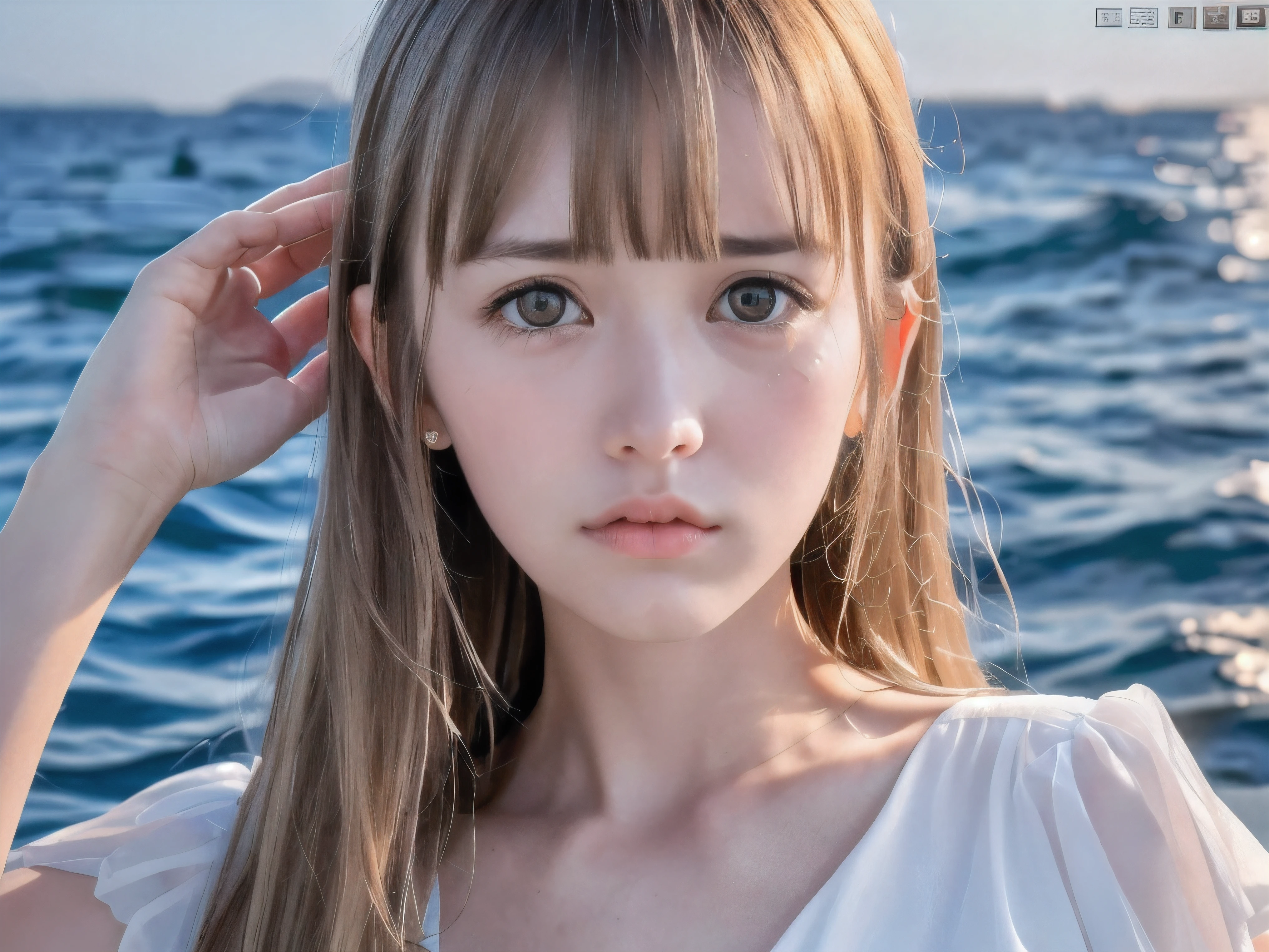 (Close up face shot of slender small-breasted half up blonde long hair with bangs girl wearing a white summer dress:1.5)、(One blonde hair girl is turn around and crying with tears at the cape of the sea in Japan:1.5)、(Beautiful midnight with full moon on the sea:1.5)、(blurred background:1.5)、(Natural light:1.5)、(8k ultra detailed master piece:1.5)、(perfect anatomy:1.5)、(Photorealistic stick:1.5)、(Raw photo:1.3)、(highest quality:1.5)、(High resolution:1.3)、(Delicate and beautiful perfect face:1.3)、(Delicate and beautiful eye air skin:1.3)、(Real Human Skin:1.3)、((thin legs))