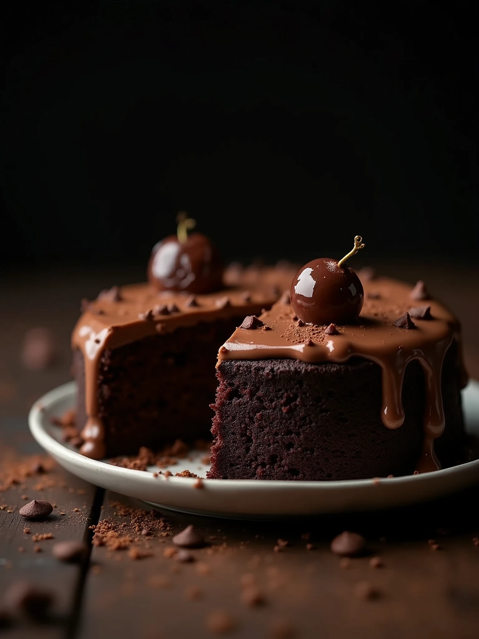 cinematic film still chocolate, chocolate cake, dark background, quality photo, moist texture, frosting, studio photo, slice . shallow depth of field, vignette, highly detailed, high budget, bokeh, cinemascope, moody, epic, gorgeous, film grain, grainy