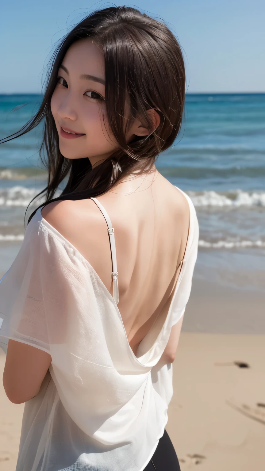 Back shot, dark haired beautiful woman in black bikini with translucent white raincoat sitting on the beach and turning around