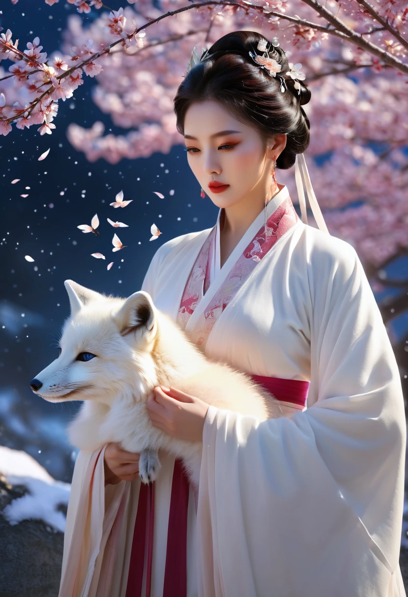 (masterpiece:1.2), best quality, highres,extremely detailed CG,perfect lighting,8k wallpaper, Empress,whole body,ear,Eye,sideways,arctic fox,Cherry blossoms,White, Hanfu, Under the firmament