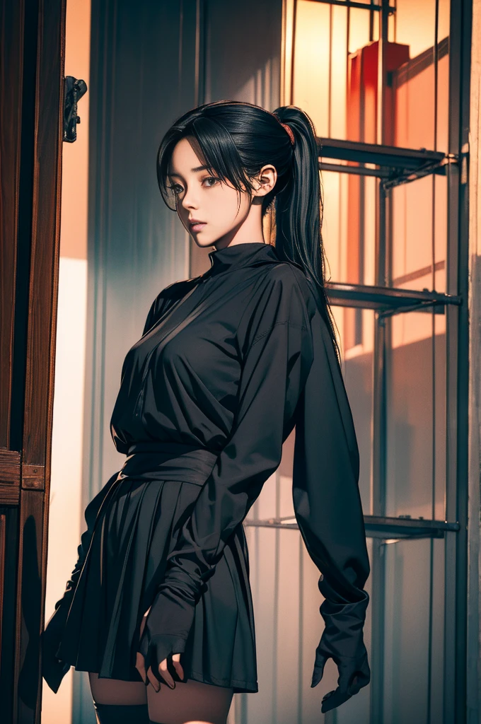 A lone figure emerges from the shadows、Young woman with long black hair braided in a ponytail。She stands tall、Wearing military uniform and knee pads、Black gloves and one sleeve rolled up、Exposing her toned arms。Her eyes wander along a deserted road surrounded by power lines and distant buildings.、He was concentrating on the gun holster on his hip.。Background tree々creates a stark contrast with her dark outfit,、Her bright red lips are so rough々It looks out of place in a cool scene.。