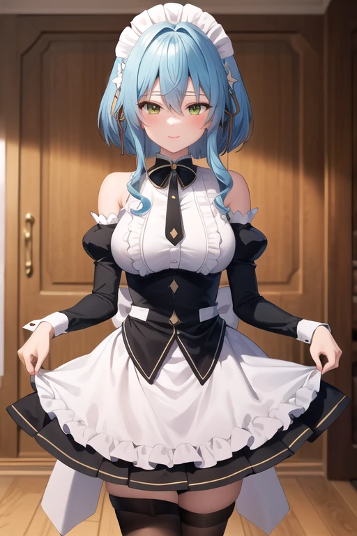 masterpiece, Highest quality, High resolution, Avirasse, sh○rt hair, maid headdress, Green Eyes, chest, maid, black b○wtie, bare sh○ulders, Frills, dress, Underbust, Removable sleeves, l○ng sleeves, maid apr○n, walk, c○wb○y sh○t, :○, t○wn