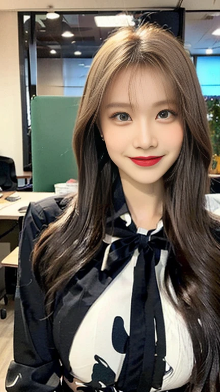 ((((1girl)))((best qualtiy, 8K, tmasterpiece:1.3)),((Sharp:1.2, perfect figure beautiful woman:1.4, Slim abs:1.2)), ((Layered Hair Style, huge tit:1.3)),((Highly detailed facial and skin texture，detailed eyes, Cute Melon Face, Black eyes,double eyelids, droopy eyes)),(japan girl:1.5)(Brown Hair,Bob Cut)(Formal shirt:1.8),(in Office:1.3)kind Smile(random pose), huge breasts, dimples, SFW, bokeh, cowboy shot)