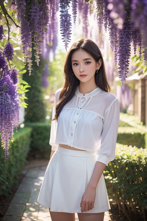 Beautiful woman standing under a wisteria trellis、20 years old、((Dropping your gaze))、((reading a paperback book))、White blouse and light blue skirt、Backlight、Professional photography with attention to detail