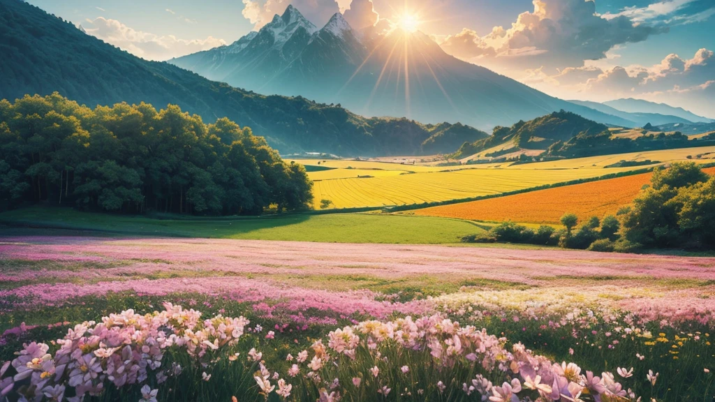 ((masterpiece)),((highest quality)),((high detail)),nobody, fantastic scenery,Sunny day landscape images, Only landscapes with flowers, Flower Field, artistic, Soft color palette, As if blown by the wind々Various kinds of flowers, Luminance, Magical Pictures, Soft lighting, Light background, Realistic photos, Beautiful colors,