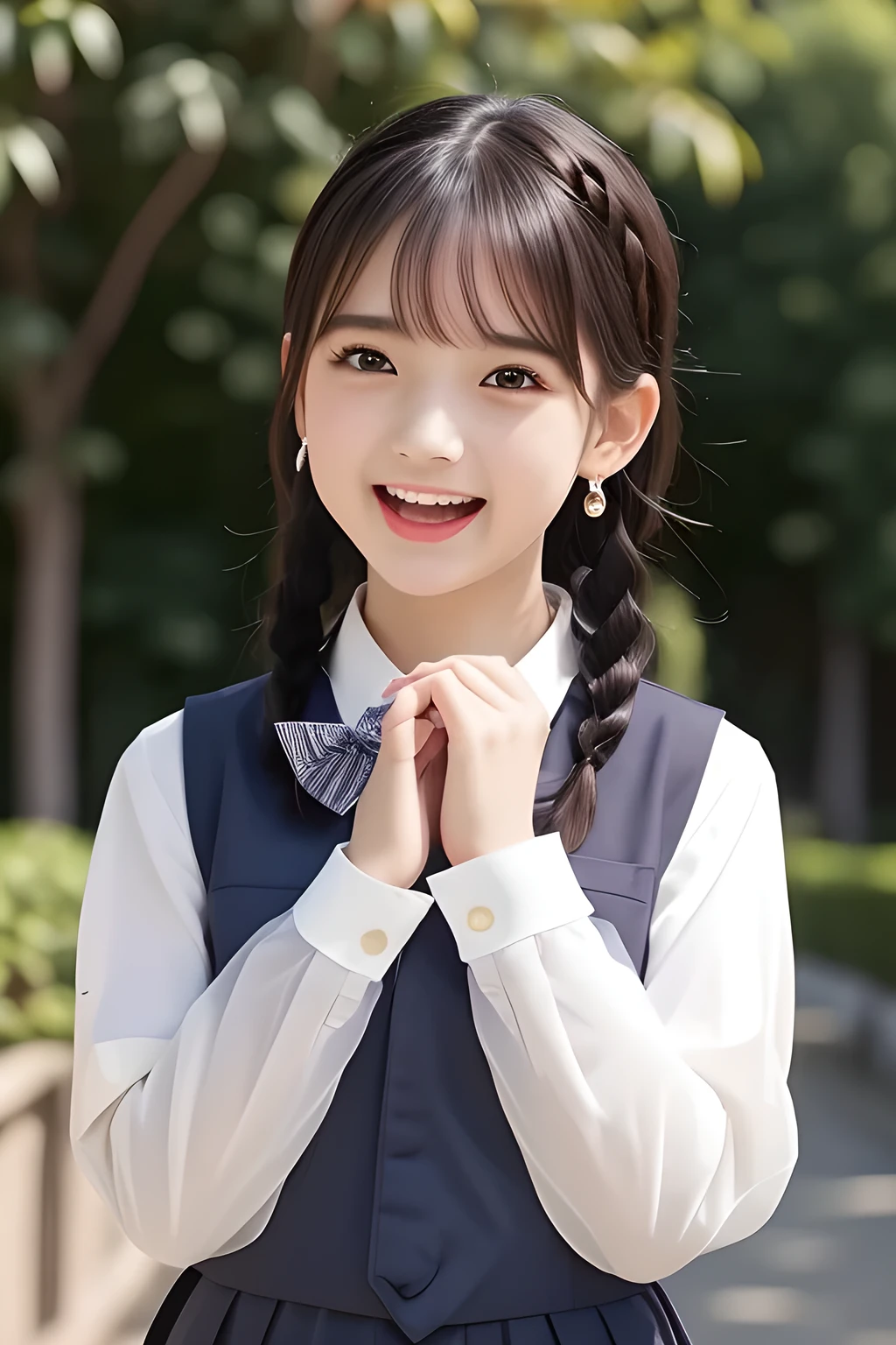 (highest quality, masterpiece, high resolution:1.2), 4K, (Photo quality detailed face: 1.2), (Giorgione painting style: 0.8), geometry, (16 yo cute girly Japanese girl: 1.0), Laughing cutely, (neat girly white short-sleeves school blouse: 1.0), (puffed short sleeves: 1.0), (Dark red glossy school ribbon on the breast: 1.0), (Gray Japanese school girly vest Uniform: 1.2), (Laughing cheeks: 1.0), (Beautiful light-amber-cute-girly large clear eyes with detailed cutely: 1.2), (Long bottom eyelashes: 1.0), (Expressing the greatest joy with her whole body: 1.5), (Glossy lips: 1.0), (braids under her ears: 1.0), (cute earrings), (Inviting me into the heaven: 1.0), (white and clear skin: 1.0), (Laughing cute noble beautiful Italian  fashion model girl's eyes: 0.6)