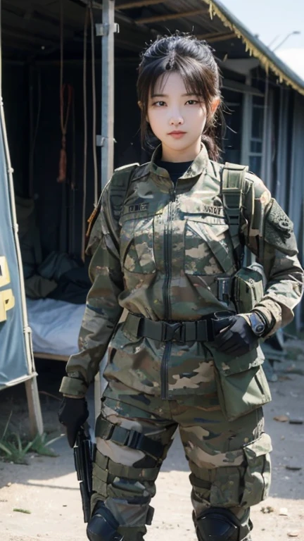 Female special forces soldier Alice wearing M-51 military uniform，Wearing a helmet，Sitting in the cab of Luther&#39;s jeep。Hands on the steering wheel，Her belt magazine pouch is full，The Chinese armband and eagle armband on her arm seem to tell of her perseverance and courage.。
