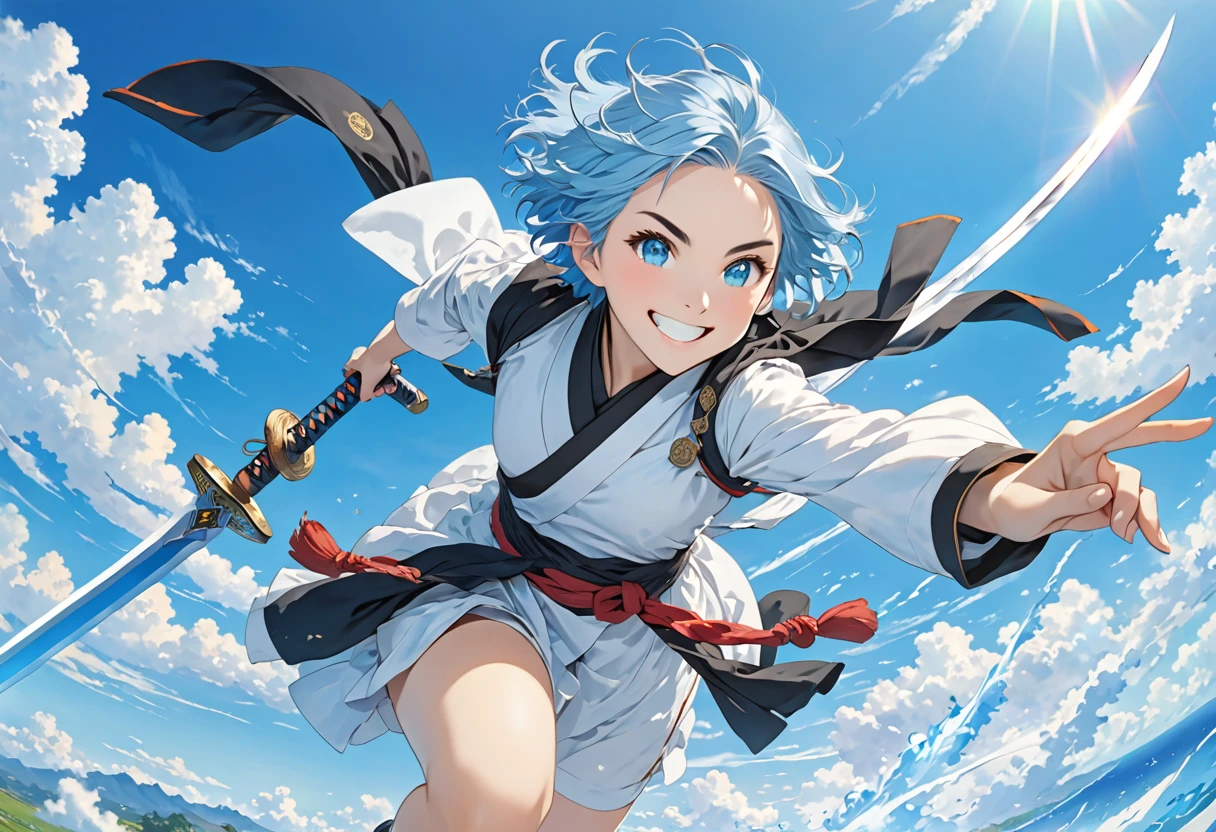 Light blue hair、youth、Sword in right hand、Run at full speed、smile、blue sky、Black eyebrows、Silver eyes