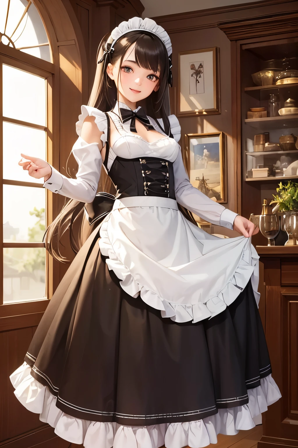 masterpiece,Highest quality,Very detailed,Maid Girl,Maid clothes,Long Skirt, teenager,Perfect Face,smile,Beautiful and detailed eyes,Beautiful Skin,skinny,Small breasts,Dynamic,Antique coffee shop,Dynamic Angles