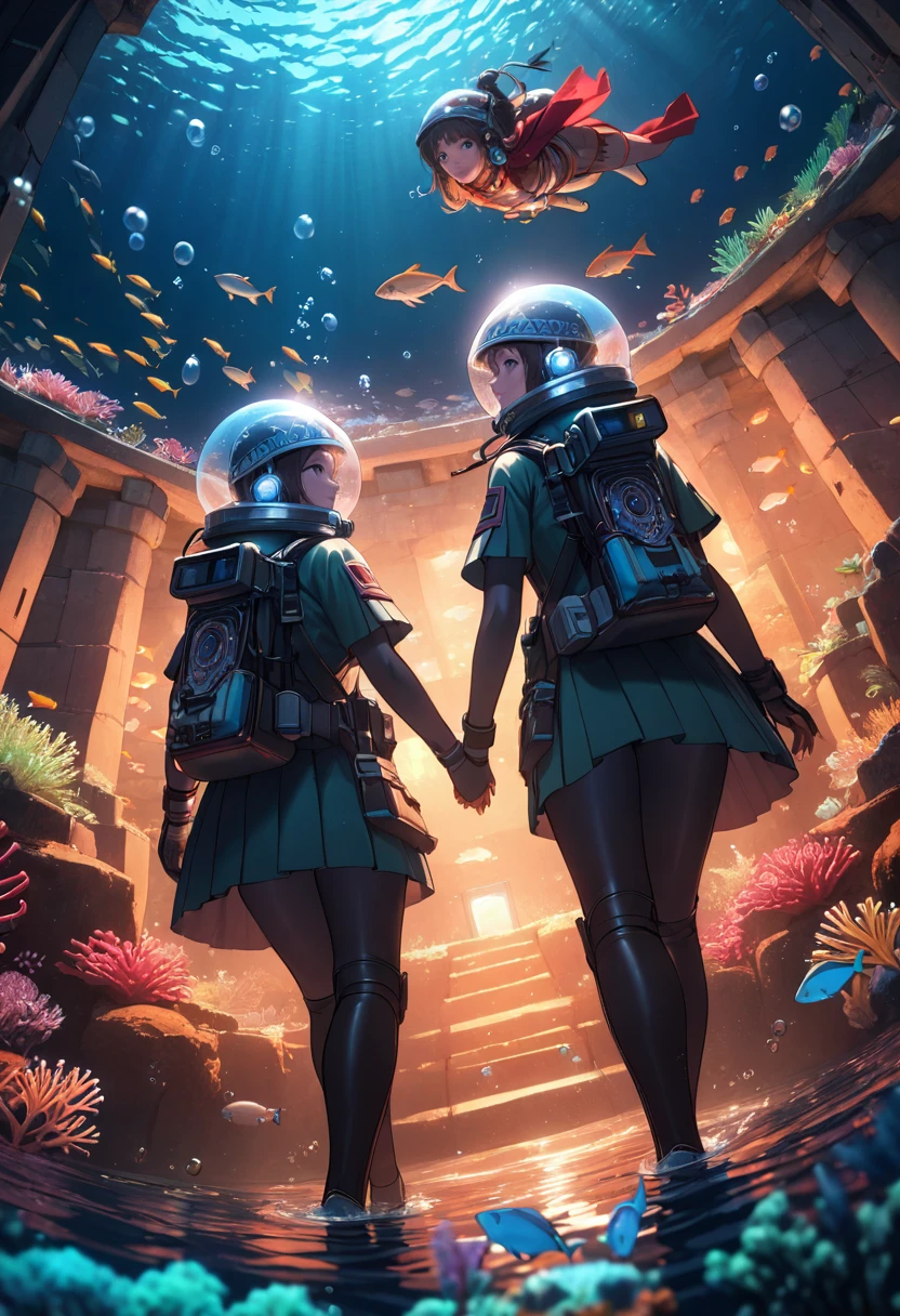 (best quality, masterpiece, absurdres, highres, ultra_detailed, dynamic angle:1.2), photography of (multiple girls:1.4), aztec, lama scuba helmet, feathered clothes, glowing cybernetics, on top of a citadel, (underwater:1.2), sea plants, fishes, bioluminescence, futuristic, sci-fi, (intricate details, hyperdetailed:1.15), (ultrahigh resolution textures), bokeh, (volumetric, cinematic, dim blue) lighting, caustics, depth of field, bubble helmet, space helmet, short hair, air bubble, holding hands, looking up