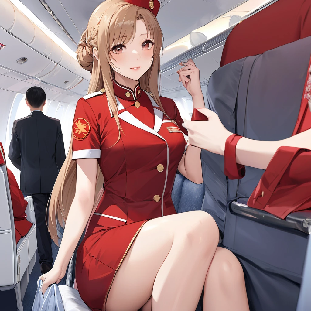 ((Highest quality)), ((masterpiece)), (detailed), （Perfect Face）、The woman is a Chinese flight attendant for Air China, named Yuuki Asuna, with light brown, medium-long hair.、The woman is wearing the red uniform of an Air China flight attendant.、The woman is a special flight attendant reserved for honorable members of the Chinese Communist Party, and is especially beautifully dressed to serve and be loved by the Communist Party members.、The woman was a first-class passenger, a dignified elderly man who was a member of the Chinese Communist Party, and was serving him with all her heart and soul.