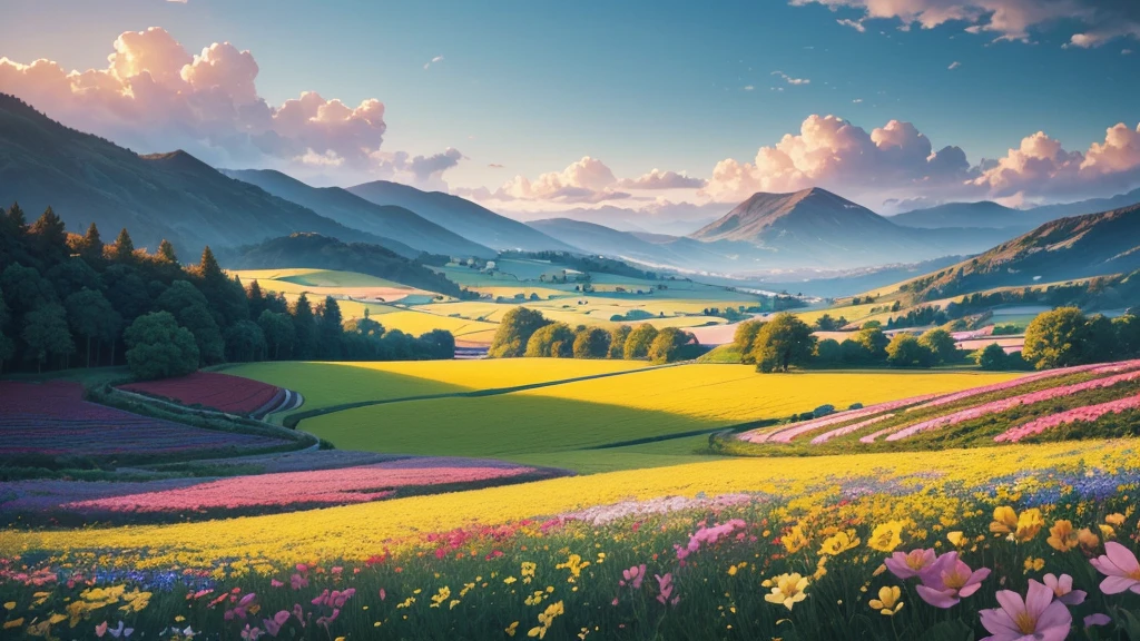 ((masterpiece)),((highest quality)),((high detail)),nobody, fantastic scenery,Sunny day landscape images, Only landscapes with flowers, Flower Field, artistic, Soft color palette, As if blown by the wind々Various kinds of flowers, Luminance, Magical Pictures, Soft lighting, Light background, Realistic photos, Beautiful colors