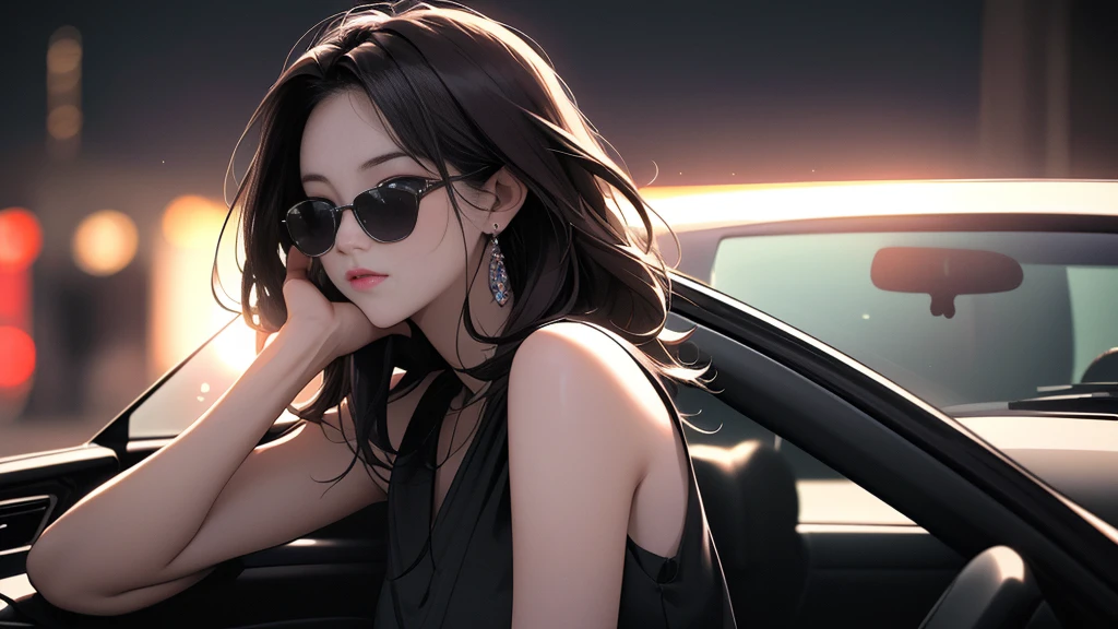 {{carの前で座る女}}、nightの埠頭, {{{nightのネオン}}}, super detailed skin, masterpiece:1.4,  8K resolution, ultra HD, symmetric eyes, Brown Hair、car、Beautiful Asian girl with purple hair,  Perfect Face, sunglasses, Sleeveless, Neon Black, (Backlight: 1.1), Hard Shadows, masterpiece, Highest quality, Complex, Model shooting style, Vintage, Film Grain,  {{night}},　超精巧なcar,　(better hands):1.7,