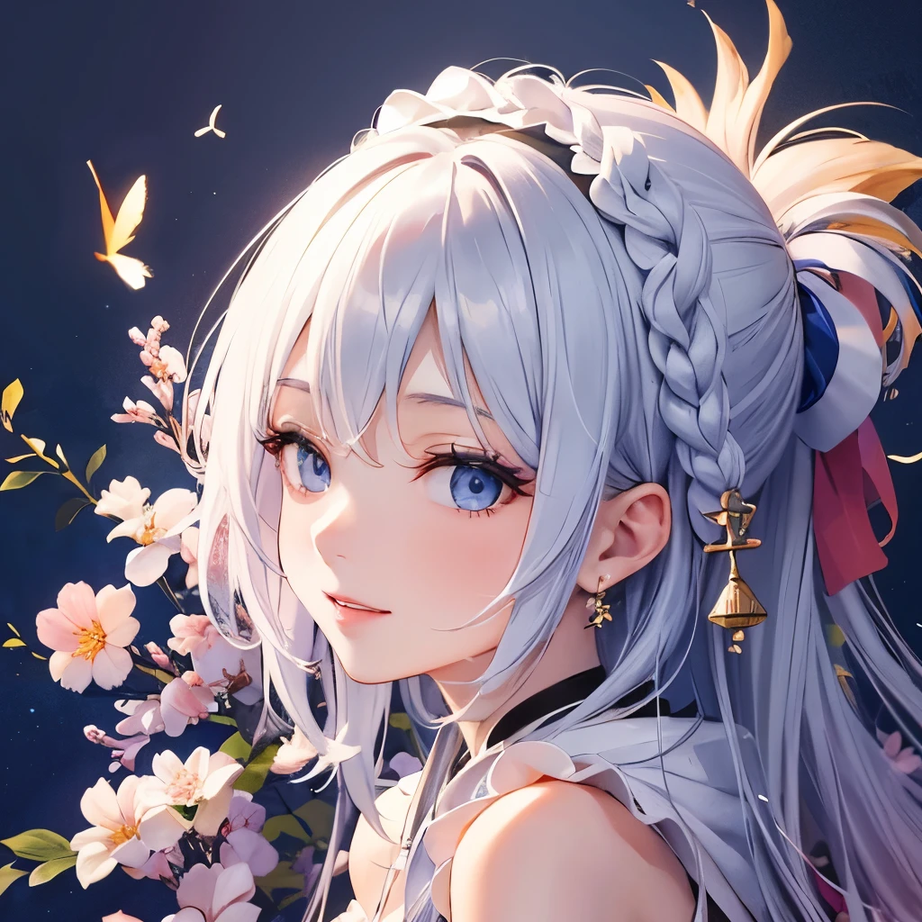 Japanese anime、Beautiful woman with a gentle smile、White ruffled sleeveless、Image of healing