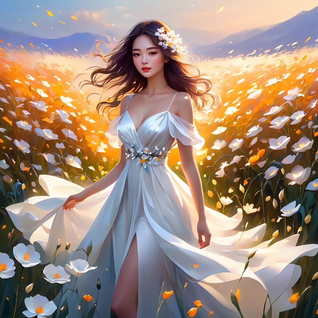 Best quality,4k, 8 K,a high resolution, masterpiece, unique, bright, perfect, well done, woman made of flowers Fluorescent colors, flower dress with wide bokeh skirt, stilettos, full length, dancing pose,very detailed,realistic,realistic,студийное Photo,Very detailed,Dynamic,cinematic,masterpiece,difficult,HDR , Abstract fractal, romantic atmosphere, Photo, award-winning