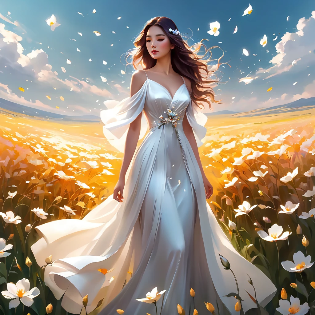 A woman in a white dress stands in a field of few flowers, Beautiful digital artwork, elegant digital painting, exquisite digital illustration, digital art of elegance, beautiful digital art, очень beautiful digital art, прекрасное gorgeous digital art, Zou Zhe, inspired by Igor Kerylyuk, lady in a dress with glowing flowers, Yang Jay, gorgeous digital art