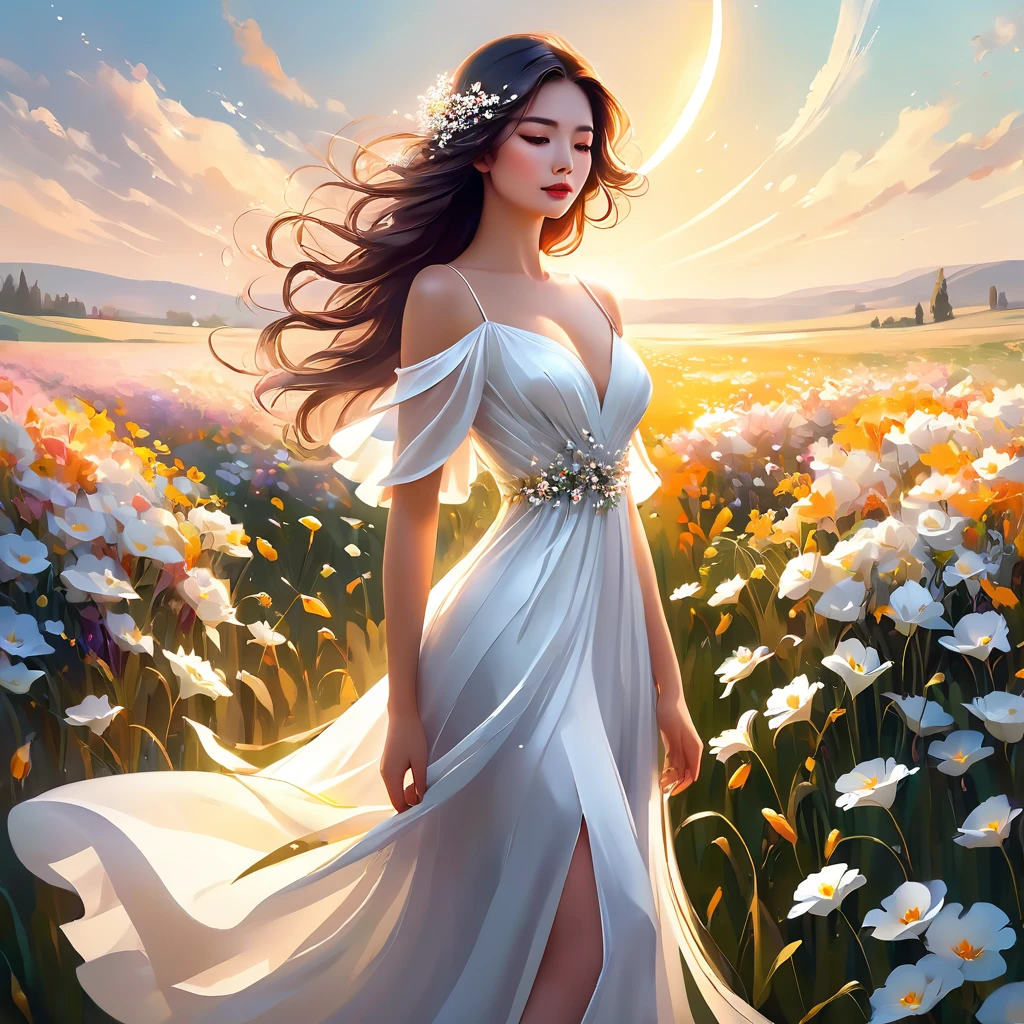 A woman in a white dress stands in a field of few flowers, Beautiful digital artwork, elegant digital painting, exquisite digital illustration, digital art of elegance, beautiful digital art, очень beautiful digital art, прекрасное gorgeous digital art, Zou Zhe, inspired by Igor Kerylyuk, lady in a dress with glowing flowers, Yang Jay, gorgeous digital art