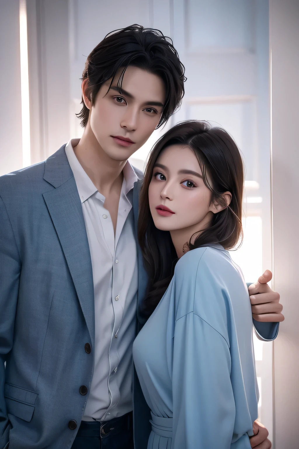 Modern. Casual wear. Elegant couple, masculie man (mature) and beautiful girl. Dark hair color. Very deatiled face. pretty eyes (perfect eyes). 8K resolution. Masterpiece. Romantic, love, glowing light. Look at the viewer. Blue petals. Pastel color.