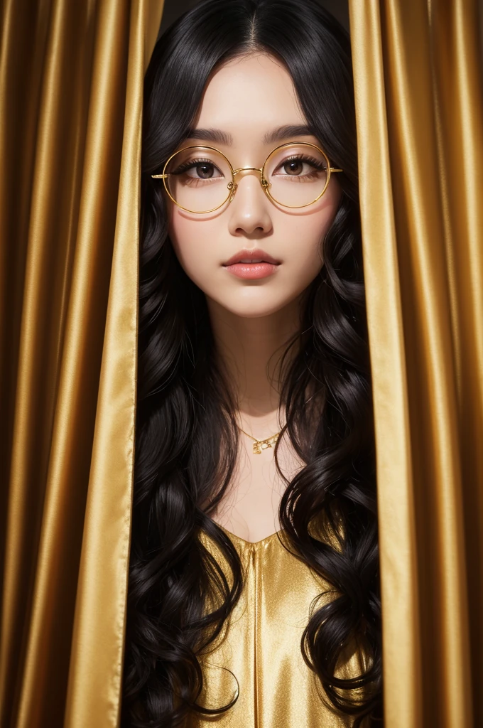 long black curly hair, round and gold glasses, curtain