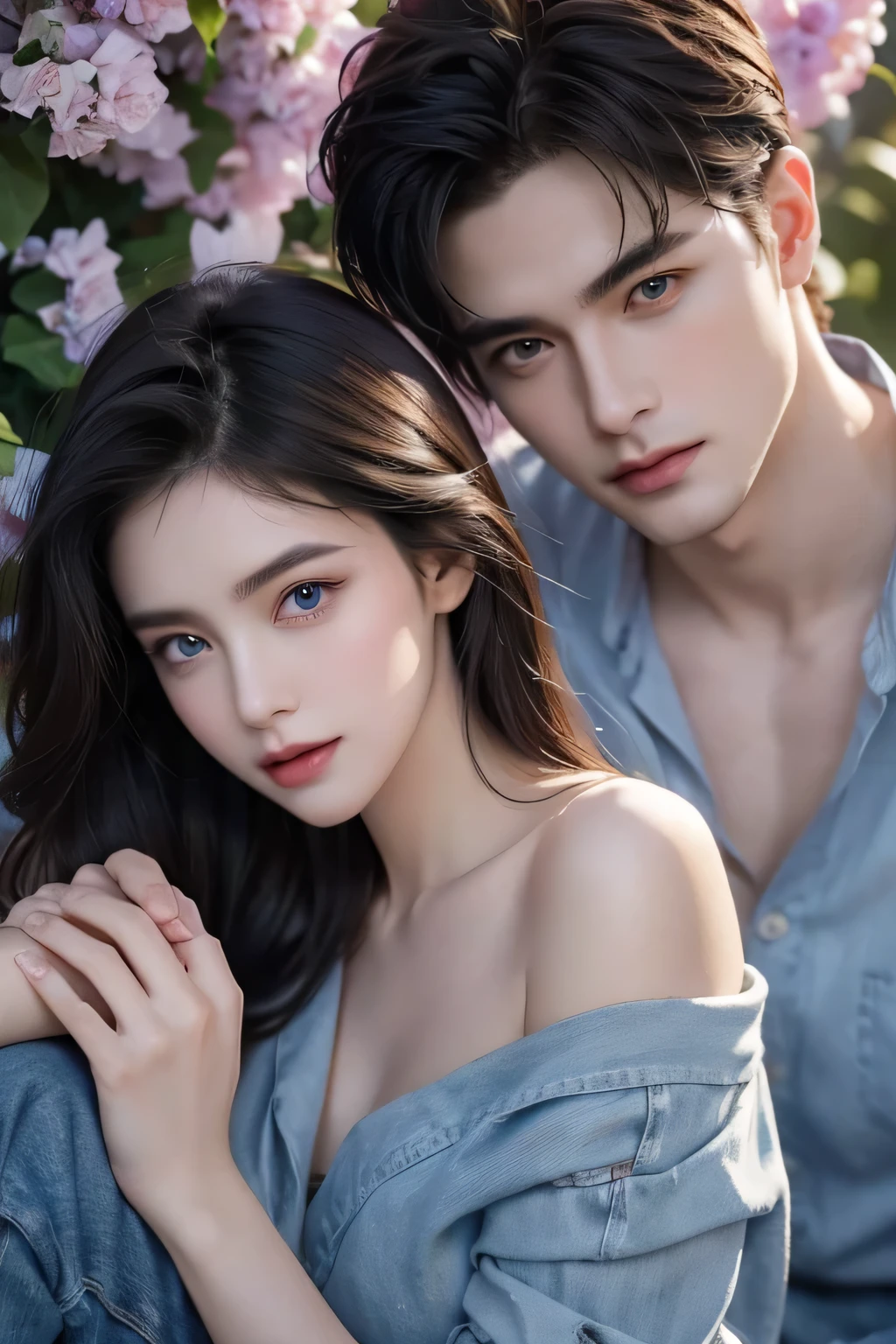 Modern. Casual wear. Elegant couple, masculie man (mature) and beautiful girl. Dark hair color. Very deatiled face. pretty eyes (perfect eyes). 8K resolution. Masterpiece. Romantic, love, glowing light. Look at the viewer. Blue petals. Pastel color.