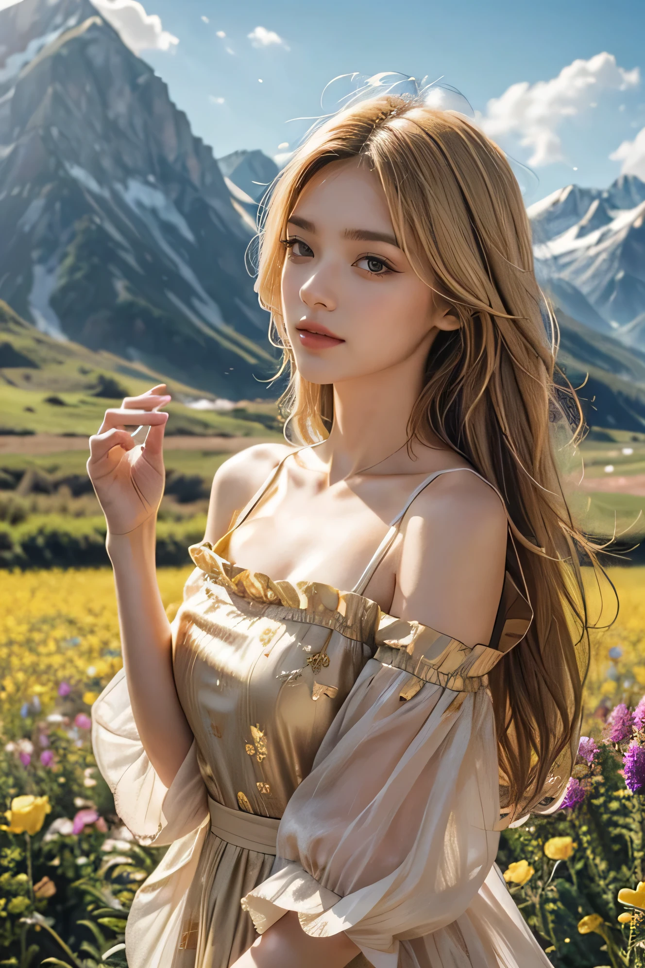 Bare shoulders, High details (loose), ideal , blonde highlights hair coloured, gold pink shirts, stunningly beautiful, flower field mountain summer background, half body portrait