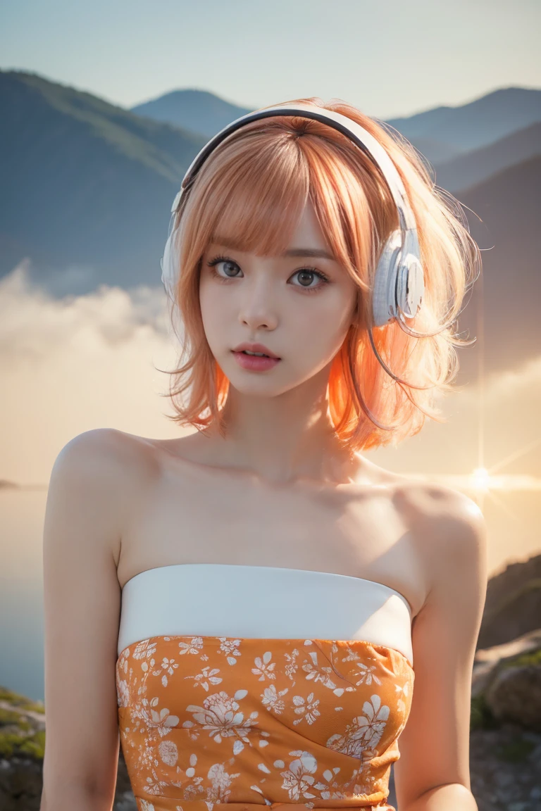 Top Quality, Masterpiece, Super High Resolution, (Actual:1.3), Original Photo, (Nature Photography), (Magnificent mountaintop, Sea of clouds), (Very wide mountain top), (Sunrise), (Girl), (Upper body), (Natural Light: 1.0), (Side View: 0.0), (Cowboy Shot: 0.0), (upper body: 1.8), (Close-up: 0.8), Portrait, Cinematic Lighting, Glow, Ray tracing, reflected light, f135mm, UHD, accurate, skin texture, super detail, great detail, high quality, highest quality, 8k, (surrealism: 1.2), BREAK, (Japanese: 1.3), (25 years old: 1.0), (Small breasts: 1.6), (Long, large, slit eyes: 1.8), (Realistic eyes: 1.8), (Height at 160cm: 1.2) , (Transparent white skin: 1.2), (Short curly bright pink hair with bangs: 1.3), (Deep eyeshadow makeup: 1.4), BREAK, (Correct hand: 1.6), (Correct fingertips: 1.6), Sexy pose, (Place hand near cheek: 1.8), BREAK, (Big white headphones: 1.4), (Wearing an orange and white printed strapless dress: 1.4), BREAK, Japanese patterns of kimono, 