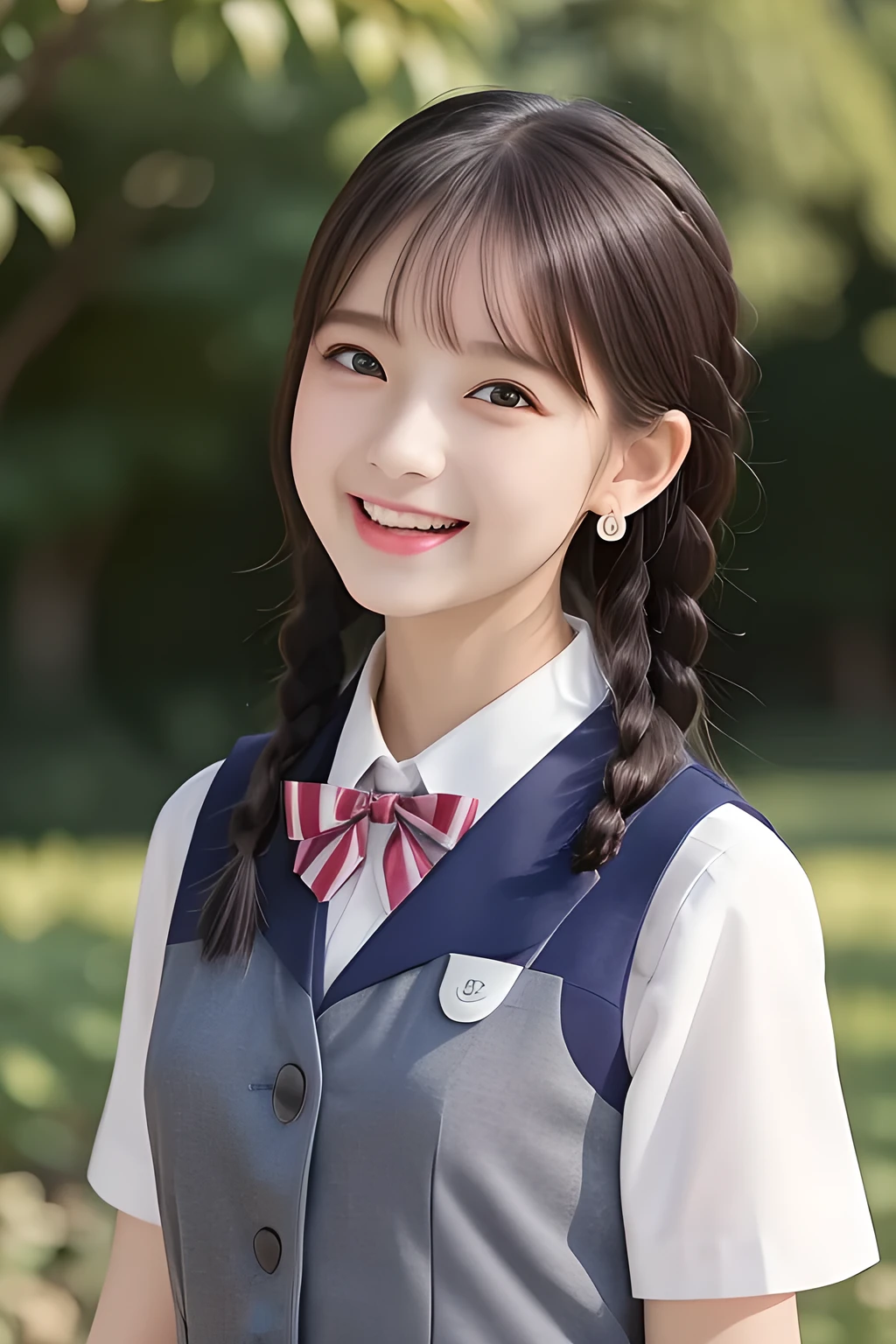 (highest quality, masterpiece, high resolution:1.2), 4K, (Photo quality detailed face: 1.2), (Giorgione painting style: 0.8), geometry, (16 yo cute girly Japanese girl: 1.0), Laughing cutely, (neat girly white short-sleeves school blouse: 1.0), (puffed short sleeves: 1.0), (Dark red glossy school ribbon on the breast: 1.0), (Gray Japanese school girly vest Uniform: 1.2), (Laughing cheeks: 1.0), (Beautiful light-amber-cute-girly large clear eyes with detailed cutely: 1.2), (Long bottom eyelashes: 1.0), (Expressing the greatest joy with her whole body: 1.5), (Glossy lips: 1.0), (braids under her ears: 1.0), (cute earrings), (Inviting me into the heaven: 1.0), (white and clear skin: 1.0), (Laughing cute noble beautiful Russian fashion model girl's eyes: 0.6)