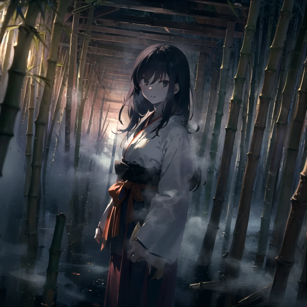 volumetric fog, ambient lighting, highres, masterpiece, 8k, alone, one woman, bamboo forest, fog, melancholy, young adult, mystic black eyes, detailed black hair, long hair, pale skin, medium breasts, (wearing japanese traditional clothes), smirking