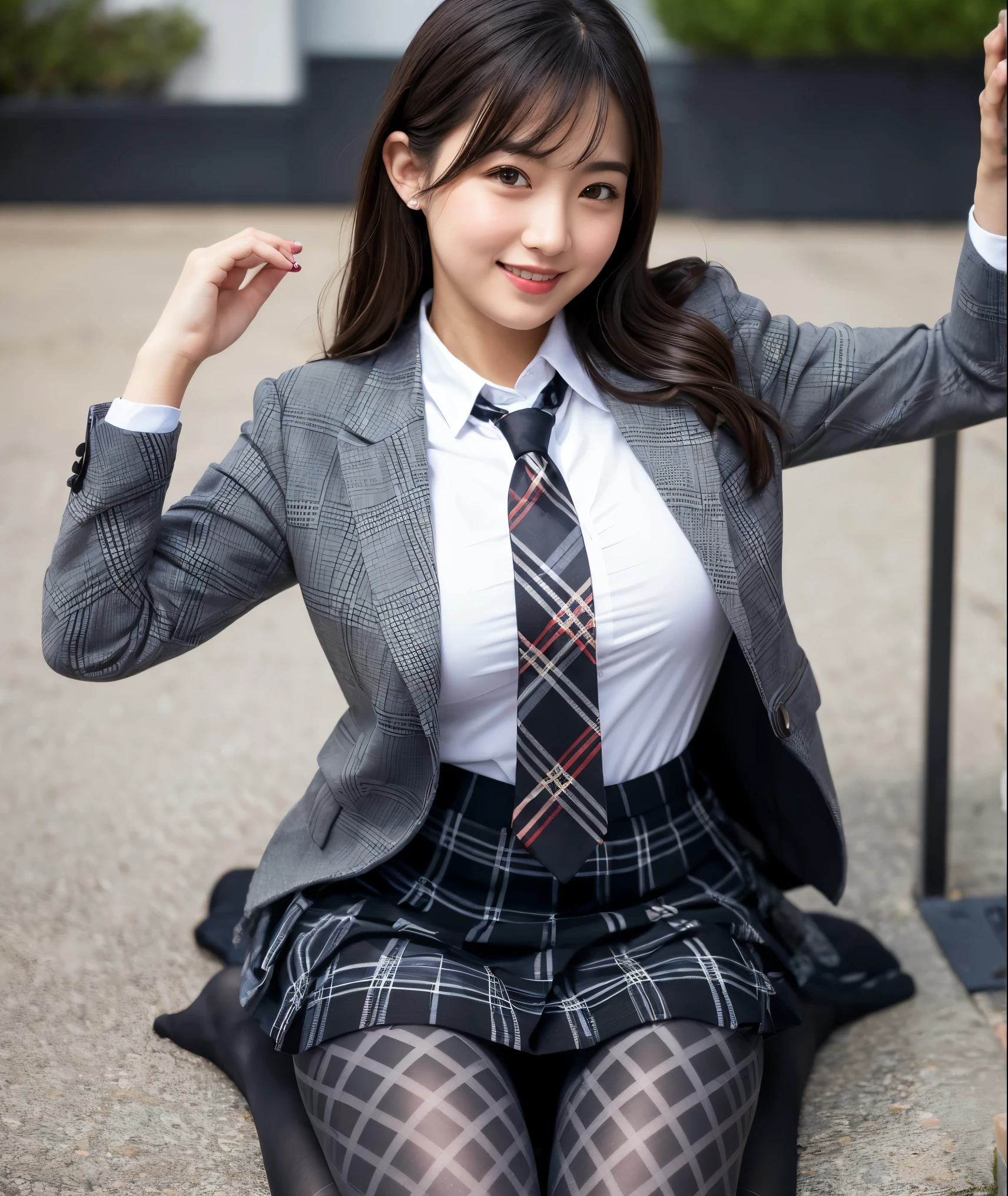 (8k), (Highest quality: 1.2), (Realistic), (Realistic: 1.37), Ultra-high resolution, (1 girl), cute, smile, Mouth closed, Beautiful details, Beautiful Nose, Wet Hair, Two giant cells, pork, Thighs,Self Snap,university student ,A simple navy blue blazer,Pleated skirt,(The skirt and tie are gray tartan check pattern.......:1.3),(Sheet:1), Sit on the floor,(Hold my feet:1),(Patterned black pantyhose:1.3),in front,knees,
