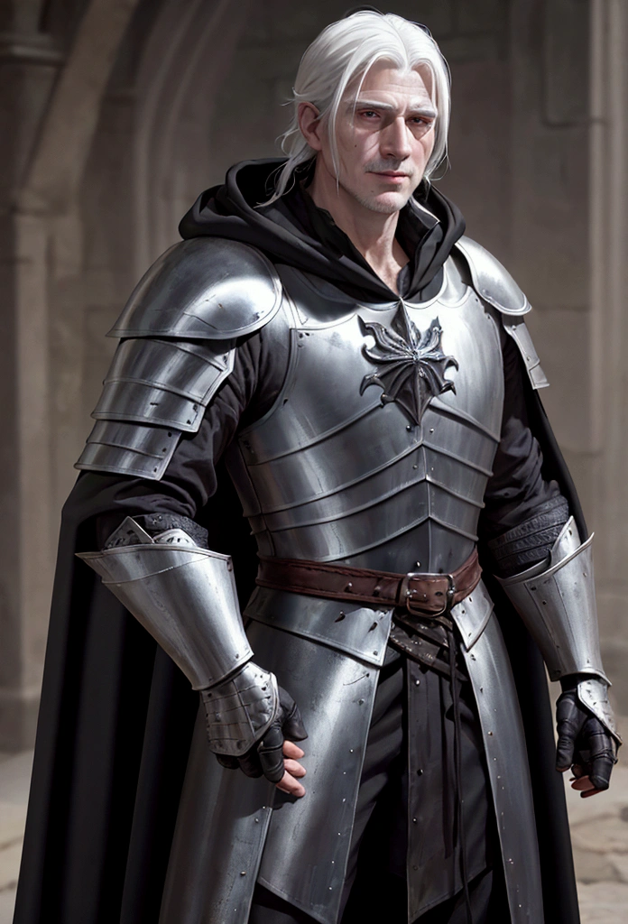Rodrik Cassel is a stout knight with soft flesh under his chin. He has white hair and clean-shaven except for large white sideburns. He is 60 years. He is plainly dressed, weathered and scarred leather armor and a cheap hooded dark cloak