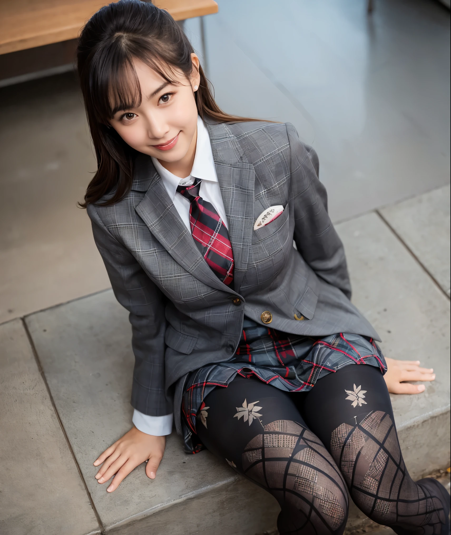 (8k), (Highest quality: 1.2), (Realistic), (Realistic: 1.37), Ultra-high resolution, (1 girl), cute, smile, Mouth closed, Beautiful details, Beautiful Nose, Wet Hair, Two giant cells, pork, Thighs,Self Snap,university student ,A simple navy blue blazer,Pleated skirt,(The skirt and tie are gray tartan check pattern.......:1.3),(Sheet:1), Sit on the floor,(Hold my feet:1),(Patterned black pantyhose:1.3),in front,knees,