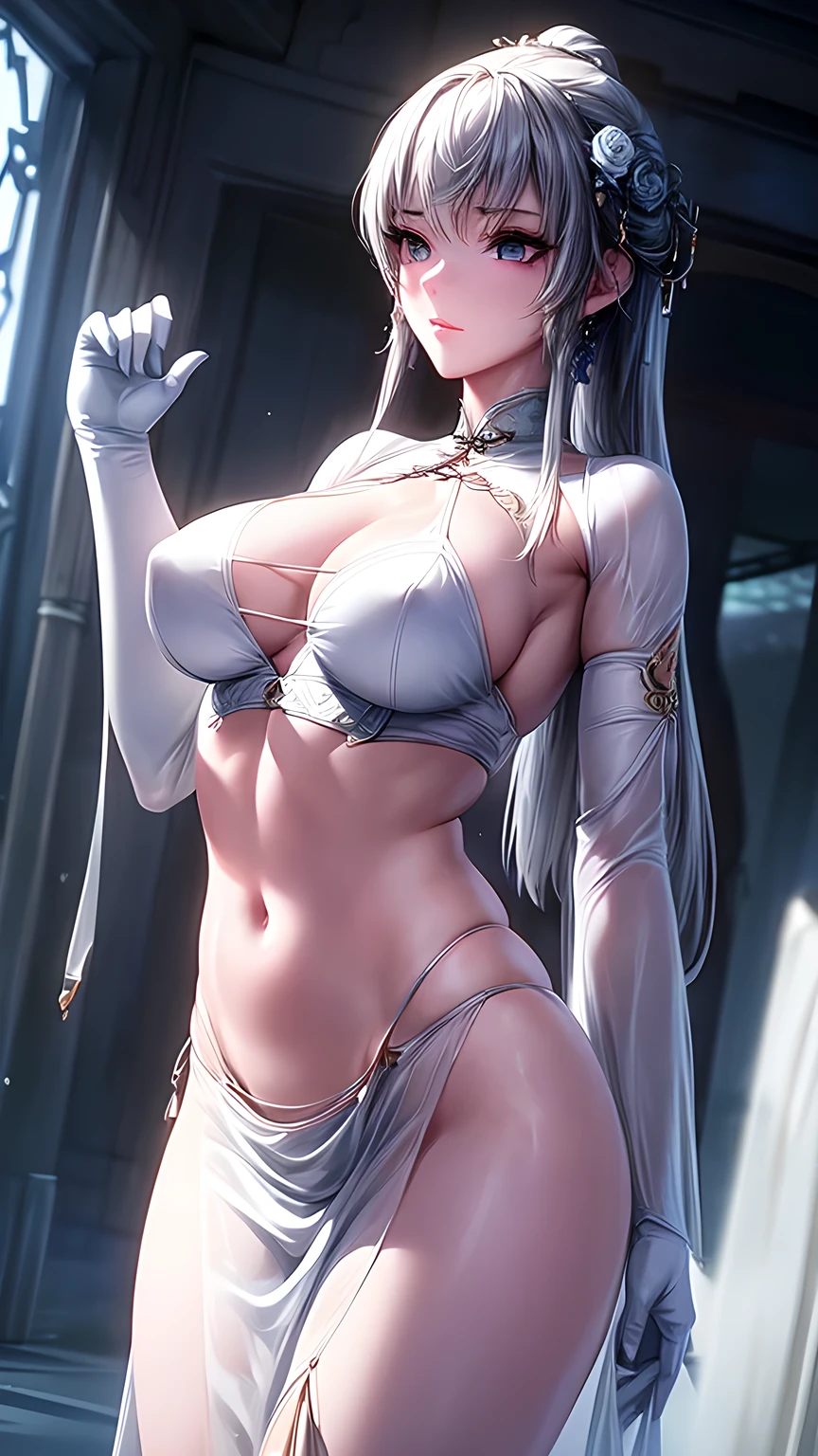 Woman wearing white Chinese-style bellyband, （Translucent white silk skirt）Milk, Elegant body, navel focus, Naked body, Gloves, earrings, Science fiction, Actress, permanent, Volumetric Light, Detailed lighting, Detailed texture, European Cyberpunk, The Opai of Biomechanics, masterpiece, The best eyes, Sci-fi background, Future Landscape, Low Angle, Smooth surface, (((Grab your breasts))), National Foundation，Sexy，High Leg Raise。