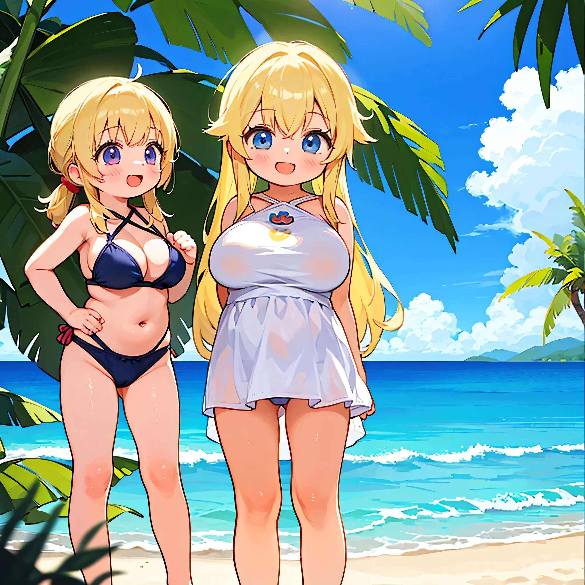 (large breasts:1.5), girl,chibi,2girls,long blonde hair tied with a string,swimsuit,beach,standing,laughing