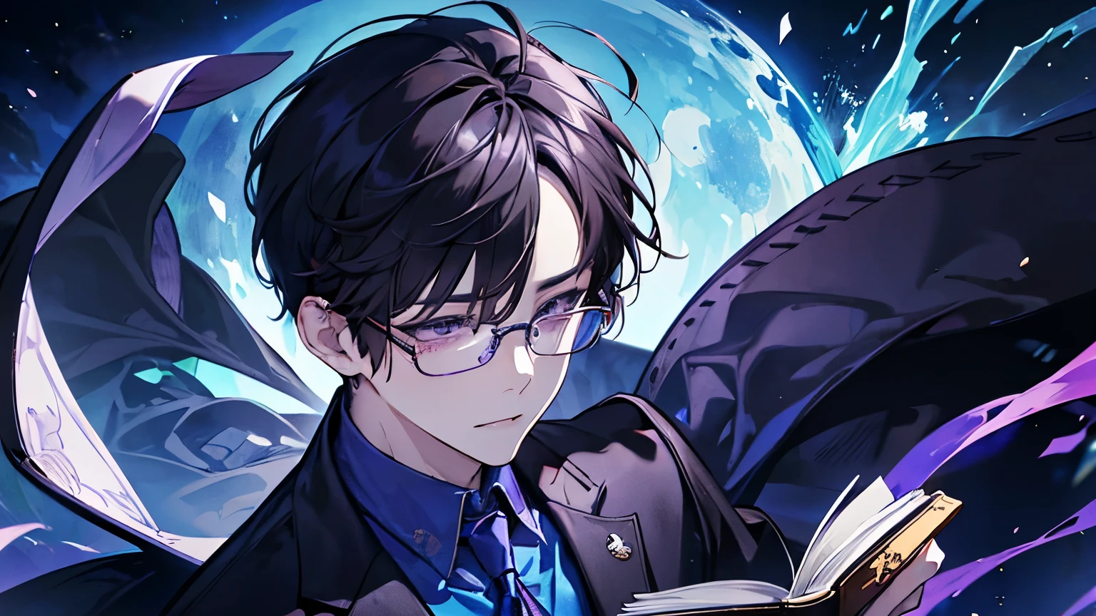 One Man、Rin々Shii、Dark Brown Hair、Purple Eyes、In a suit、Blue tie、Short Hair、The right eye is hidden by bangs、Glasses、Holding a book、full moon