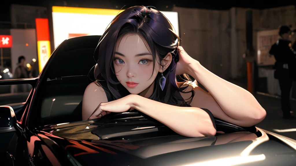 {{carの前で座る女}}、nightの埠頭, {{{nightのネオン}}}, super detailed skin, masterpiece:1.4,  8K resolution, ultra HD, symmetric eyes, Brown Hair、car、Beautiful Asian girl with purple hair,  Perfect Face, sunglasses, Sleeveless, Neon Black, (Backlight: 1.1), Hard Shadows, masterpiece, Highest quality, Complex, Model shooting style, Vintage, Film Grain,  {{night}},　超精巧なcar,　(better hands):1.7,