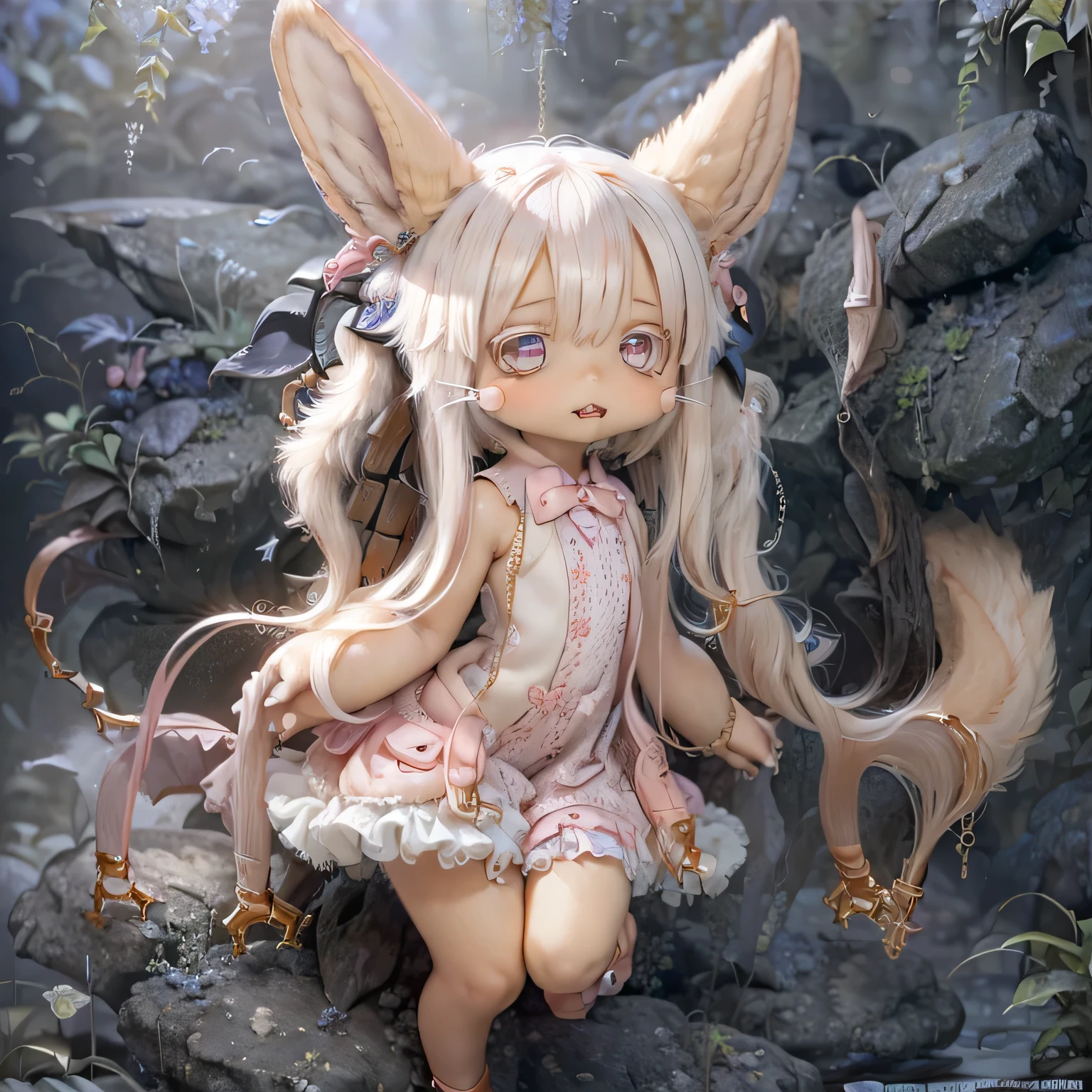 in the garden, Smiling girl, Similar to Nanachi from Made in Abyss. She is beautiful, Beautiful eyes and lips. girl (((Chibi Style,))) . Image quality is excellent, Highly detailed and realistic features. The medium of this work is、Combining illustration and photorealistic rendering.. The colors are vivid、The lighting creates a warm and bright atmosphere。 whole body(((((Cute pink dress)))))Contrasting cute poses
