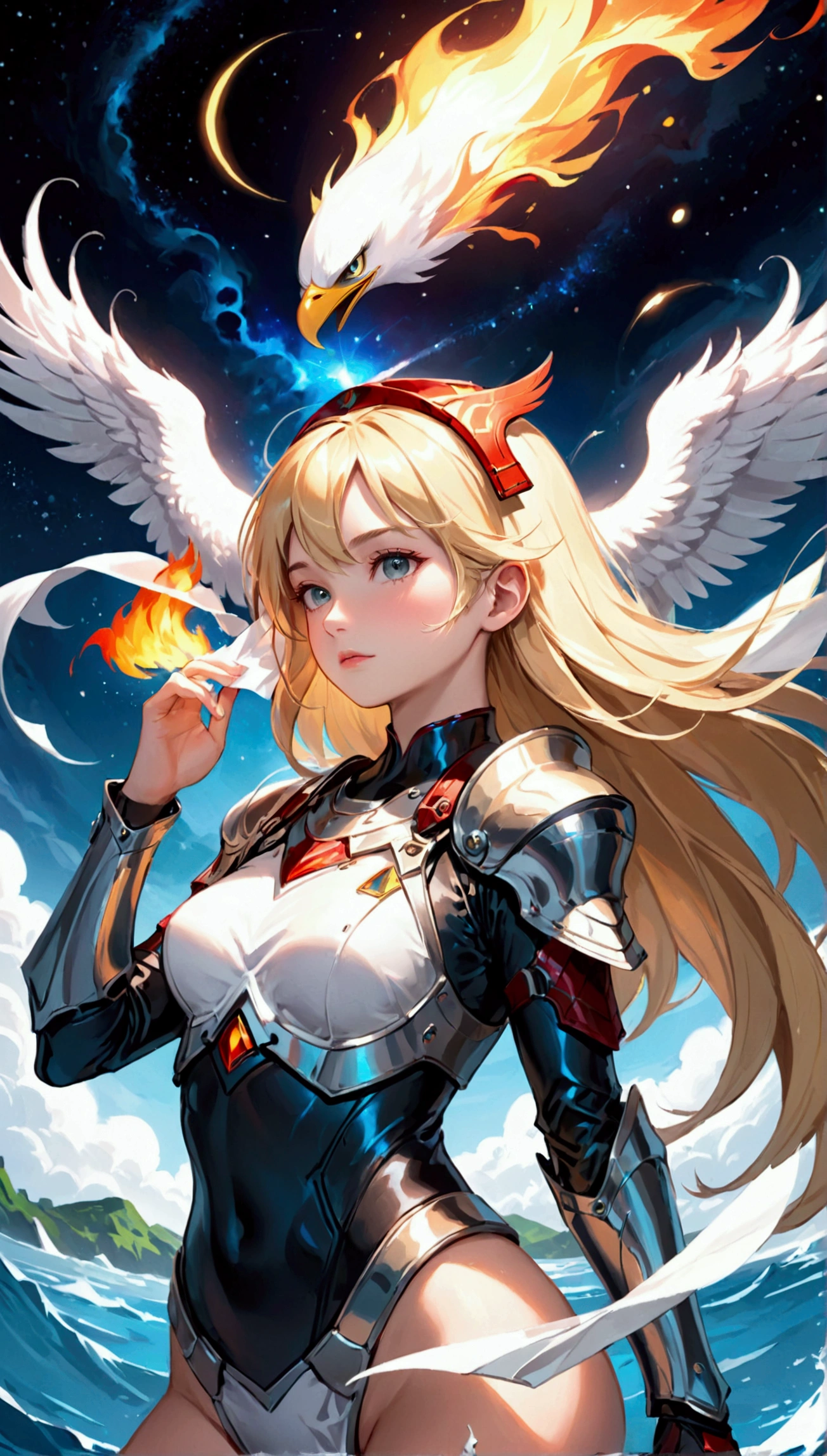 (((work of art))),16K,best qualityer, illustration, land, water,fire,Tuuli,space,1 girl,hair blonde,beautiful lock,shining armor,eagle helmet,beautiful  face,tissue,paper_cut-in,NSFW