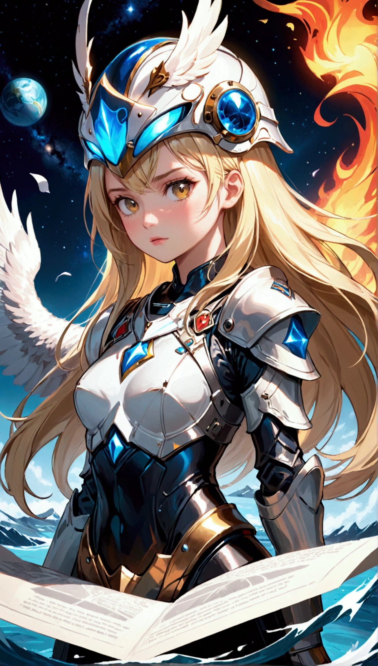 (((work of art))),16K,best qualityer, illustration, land, water,fire,Tuuli,space,1 girl,hair blonde,beautiful lock,shining armor,eagle helmet,beautiful  face,tissue,paper_cut-in,NSFW