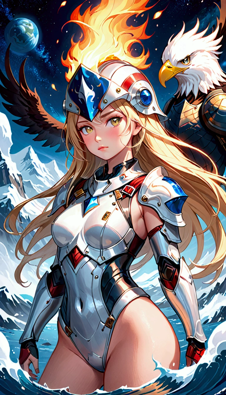 (((work of art))),16K,best qualityer, illustration, land, water,fire,Tuuli,space,1 girl,hair blonde,beautiful lock,shining armor,eagle helmet,beautiful  face,tissue,paper_cut-in,NSFW