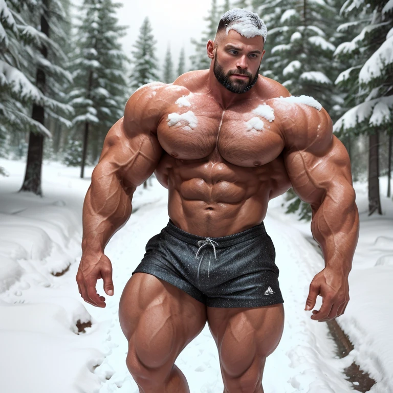 a very handsome man, mid fade haircut, shirtless, massively muscular, with massively large muscles, with massively large and muscular chest, arms and biceps, extremely muscular and defined body, covered in snow in a snowy forest