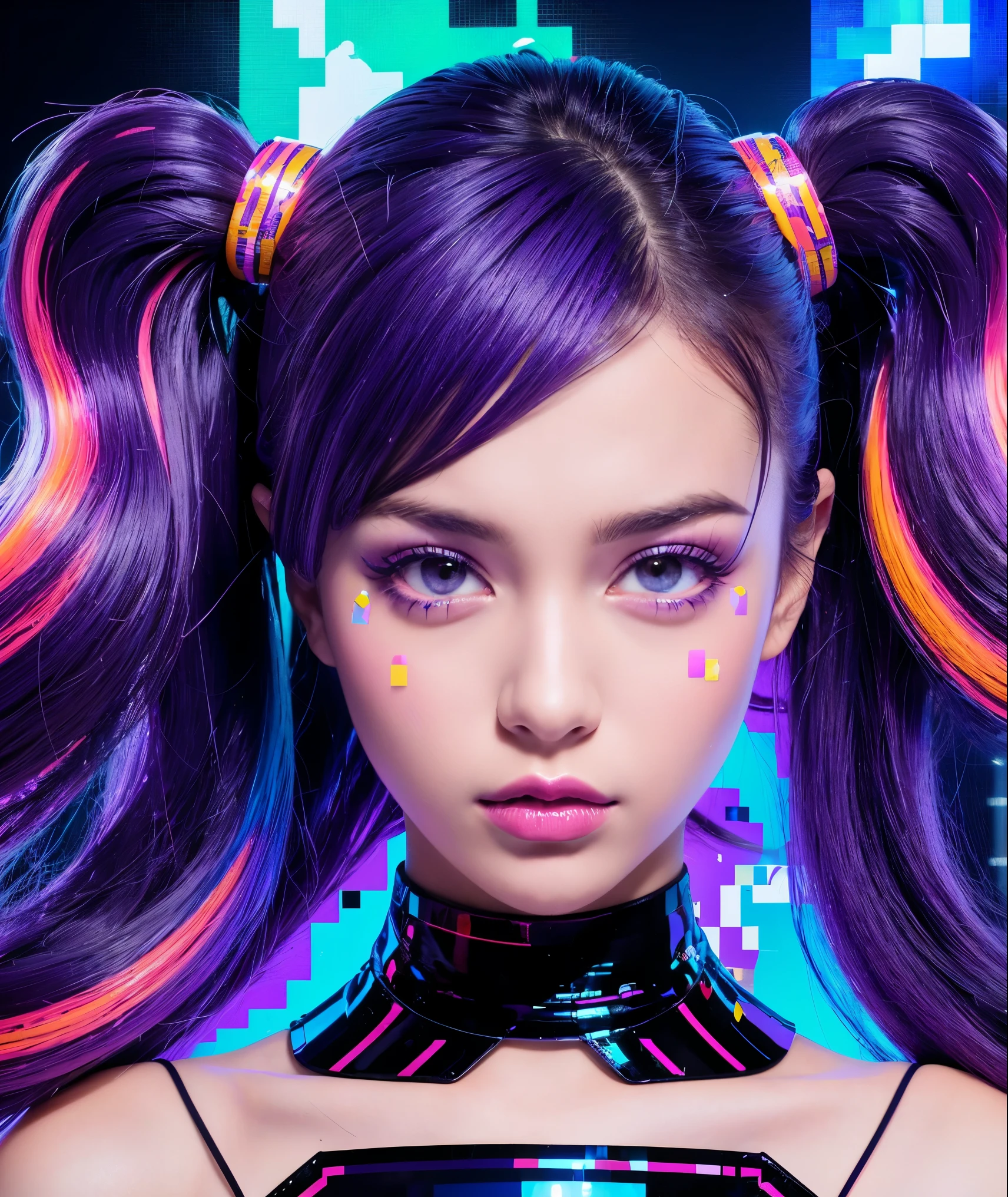 (Absurd, High resolution, Super detailed), (One girl:1.3), Twin tails, Purple Hair, break , Glitch Art, Digital Distortion, Pixelated Fragments, Data Corruption, Colorful Noise, Visual clutter, contemporary aesthetics break , Enamel Art, Glass-like surface, Vibrant colors, Glossy finish, Reflective Texture, Richly pigmented, fluid forms break , 
