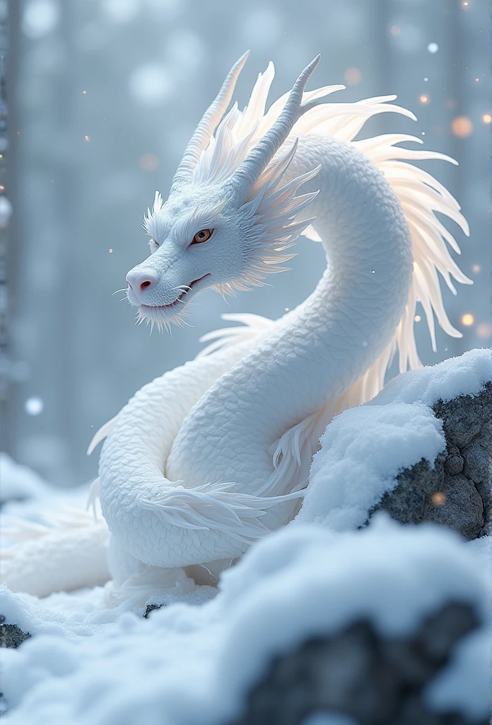 Heavenly-looking white eastern dragon, It has no wings, His look is aggressive, His eyes are white and bright,