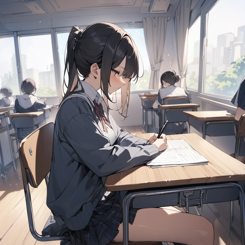Highest quality, masterpiece, sit in a classroom and take an exam, I am frantically writing with my pen